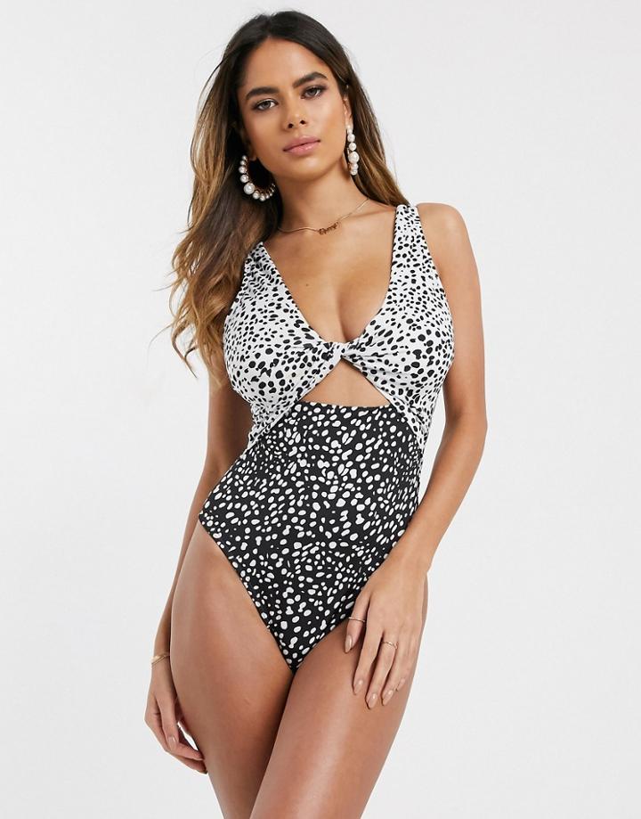 Asos Design Fuller Bust Twist Front Cut Out Swimsuit In Mixed Mono Spot Print - Multi