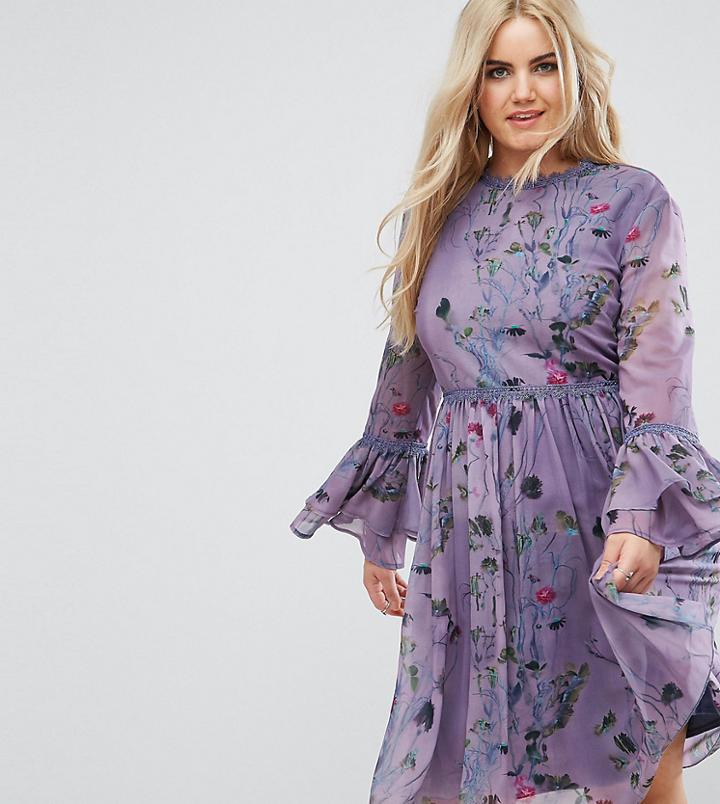 Little Mistress Plus Printed Skater Dress With Fluted Sleeve - Multi