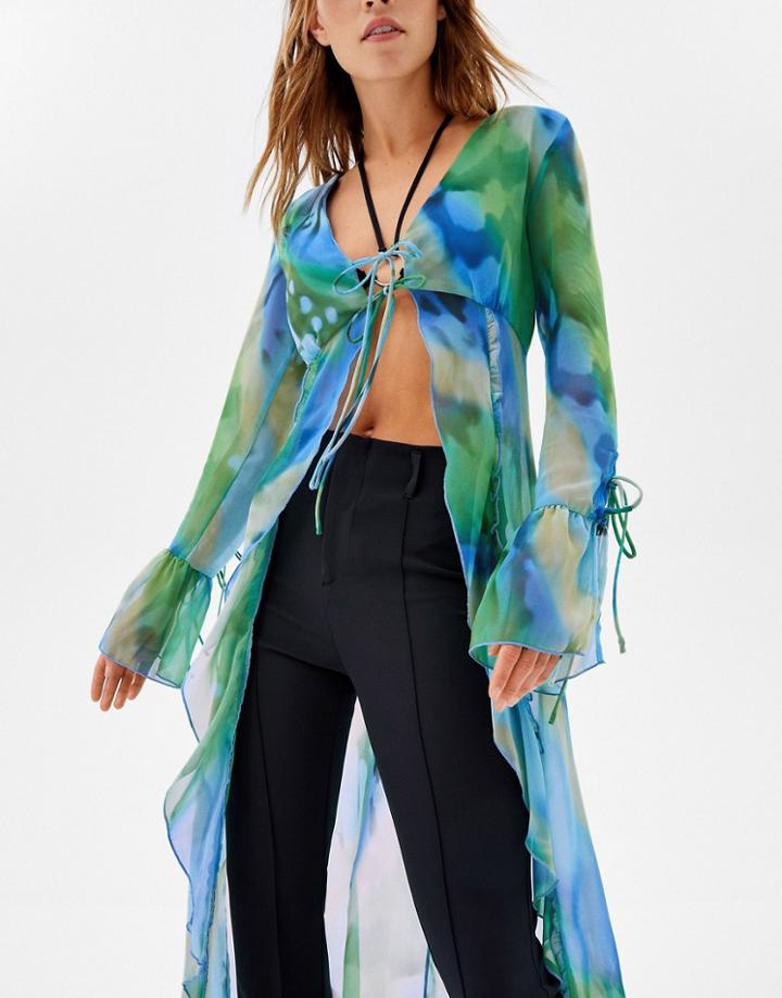 Bershka Frill Detail Tie Front Blouse In 90s Blue Butterfly Print-multi