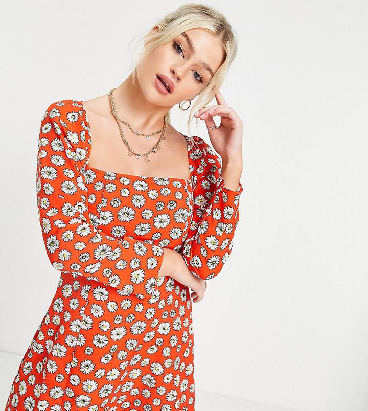 Asos Design Petite Square Neck Mini Skater Dress In Red Daisy Print-multi
