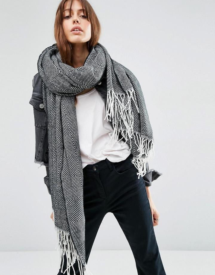 Asos Oversized Scarf With Tassels In Herringbone Geo - Multi
