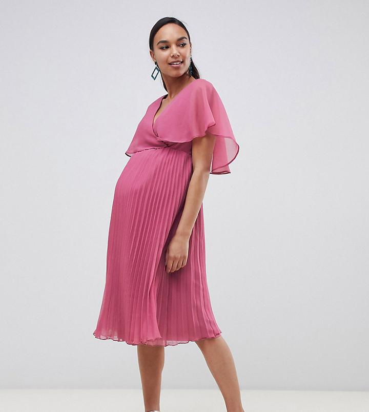 Asos Design Maternity Flutter Sleeve Midi Dress With Pleat Skirt-multi