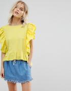 Mango Frill Front Jersey Top - Yellow