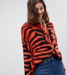 E.l.k High Neck Sweater In Tiger Print Fluffy Knit - Multi