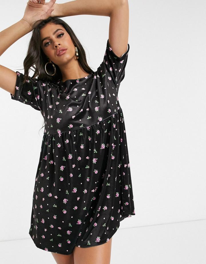 Asos Design Velvet Printed T Shirt Smock Dress-multi
