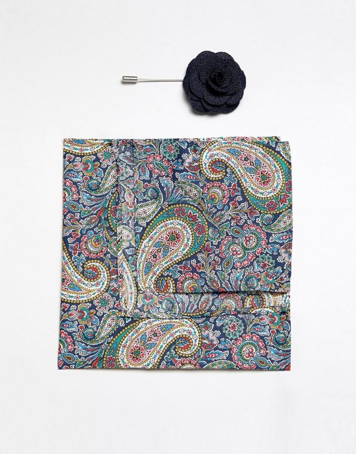 Gianni Feraud Liberty Print Lee Manor Cotton Pocket Square And Lapel Pin Set - Navy