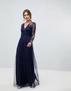 Asos Lace Maxi Dress With Long Sleeves-navy