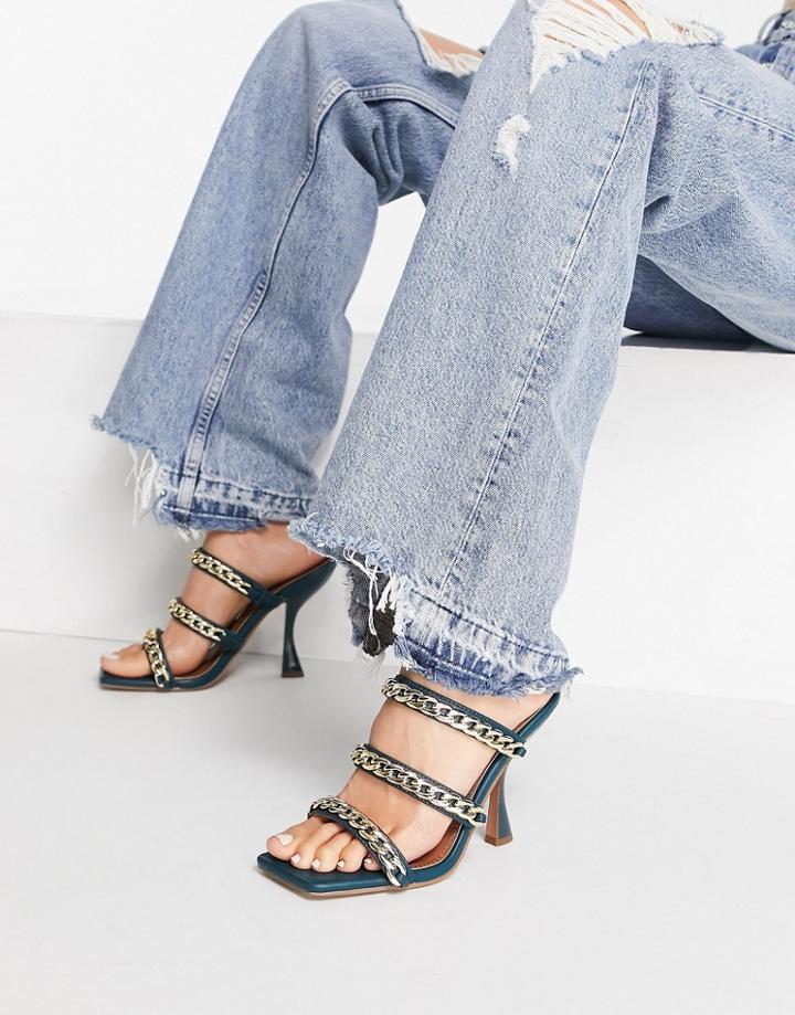 Asos Design Nally Chain Detail Heeled Mules In Teal-blues
