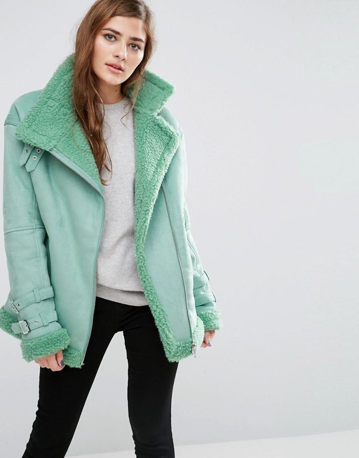 Asos Aviator Jacket In Faux Suede - Green