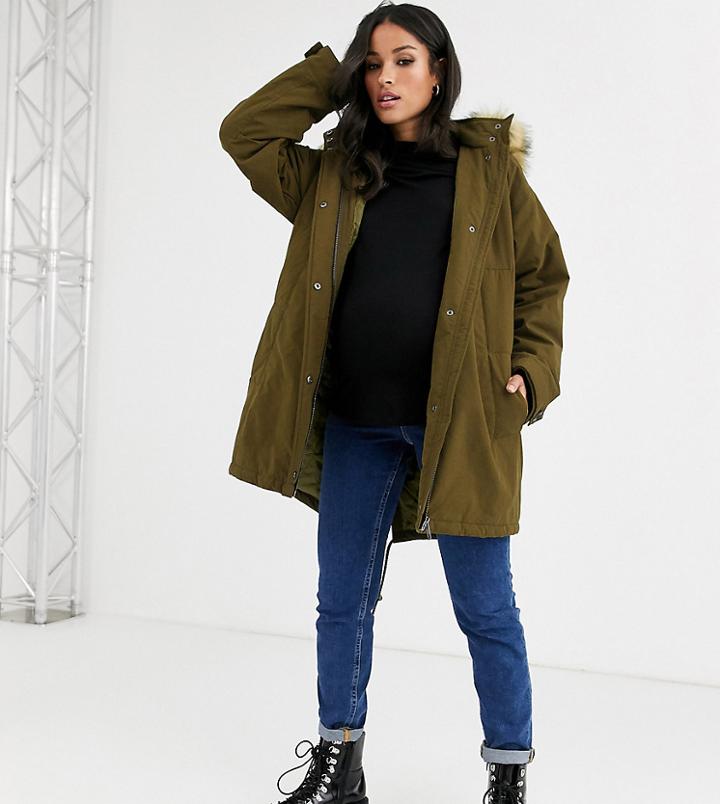 Asos Design Tall Ultimate Parka In Khaki-green