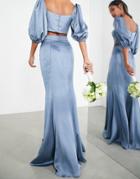Asos Edition Satin Fishtail Maxi Skirt In Dusky Blue - Part Of A Set