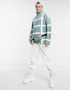 Asos Design Oversized Funnel Neck Fisherman Ribbed Plaid Sweater In Mint Green