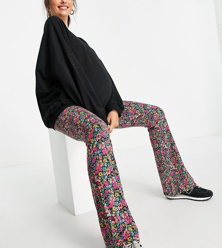 Asos Design Maternity Over The Bump Kick Flare Pant In Dark Based Floral-multi