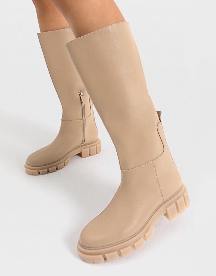 Stradivarius Knee Boots With Chunky Sole In Caramel-neutral