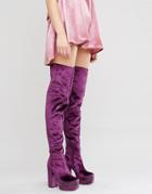 Asos Keats Velvet Platform Over The Knee Boots - Purple