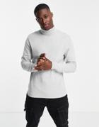 Asos Design Knitted Cotton Roll Neck Sweater In Light Gray Heather-grey