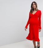 Asos Maternity Midi Tea Dress With Frill Cuff - Red