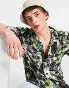 Pull & Bear Revere Collar Shirt With Print In Green