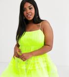 Lace & Beads Plus Tiered Mini Dress With Built In Bodysuit In Neon Lime-yellow