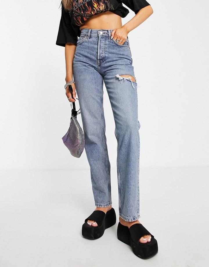 Topshop Dad Side Ripped Jean In Bleach-blue