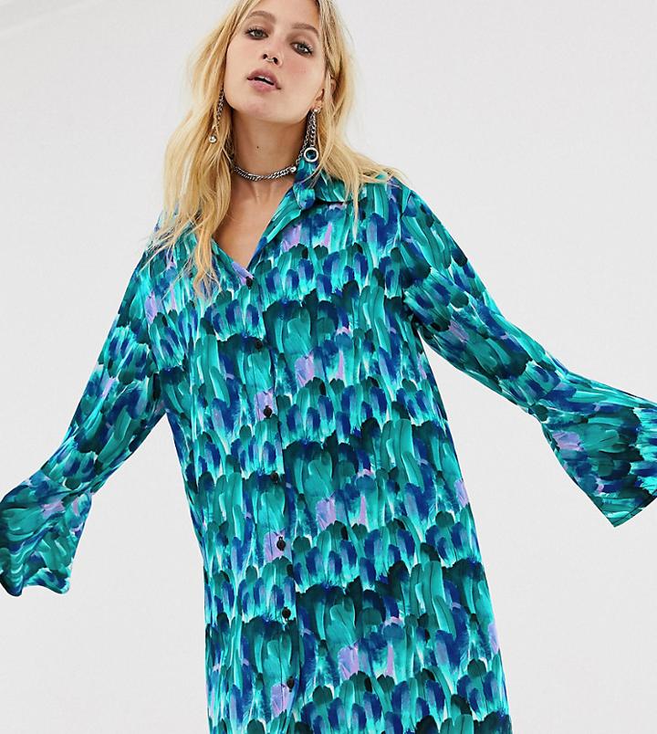Milk It Vintage Shirt Dress In Feather Print With Flared Sleeves - Blue