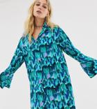 Milk It Vintage Shirt Dress In Feather Print With Flared Sleeves - Blue