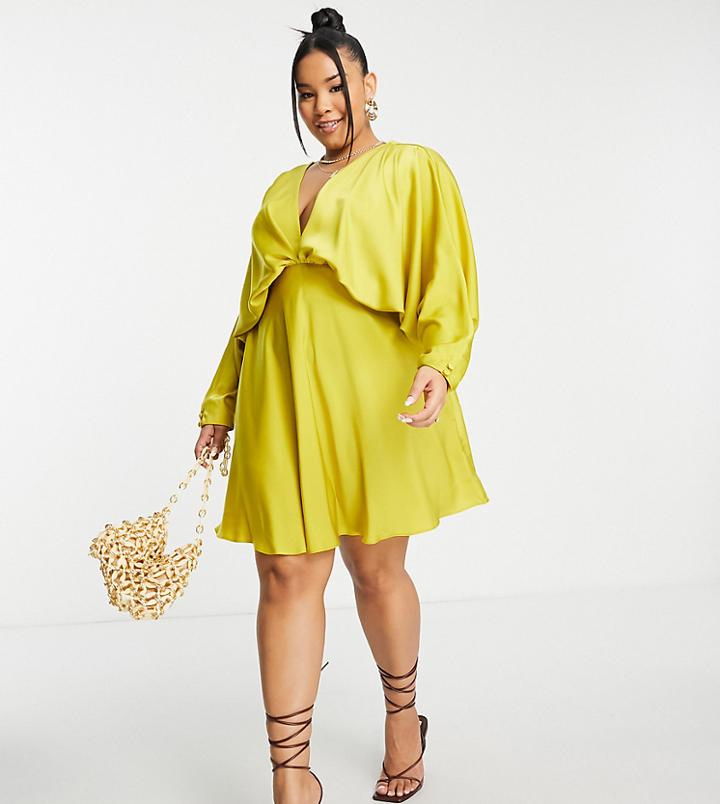 Asos Design Curve Batwing Satin Mini Dress With Bias Cut Skirt And Tie Back In Gold