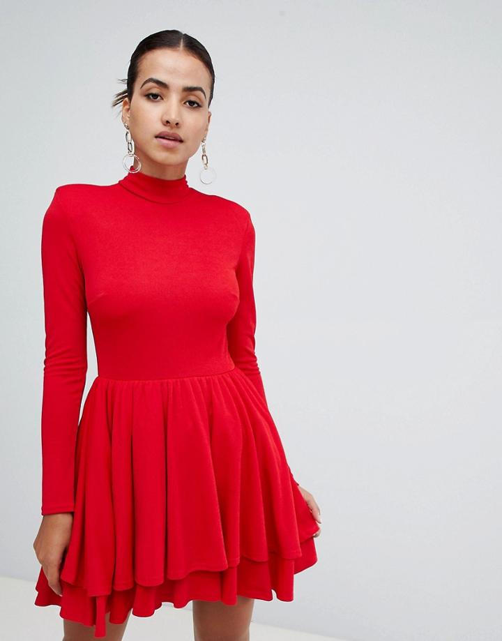 Club L High Neck Long Sleeve Skater Dress - Red