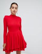 Club L High Neck Long Sleeve Skater Dress - Red