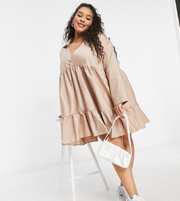 Naanaa Plus Tiered Smock Dress In Stone-neutral