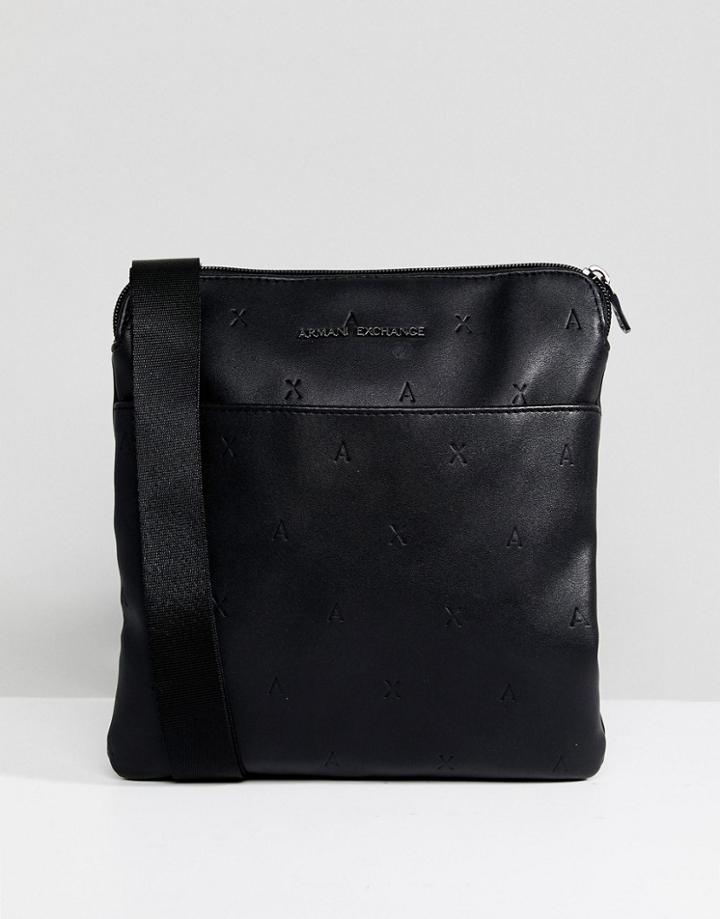 Armani Exchange Faux Leather All Over Ax Logo Flight Bag In Black - Black