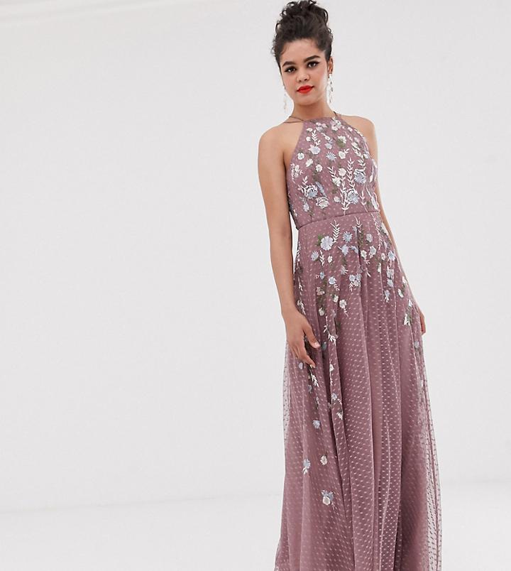 Asos Design Tall Maxi Dress With Pinny Bodice In Embroidered Dobby - Blue