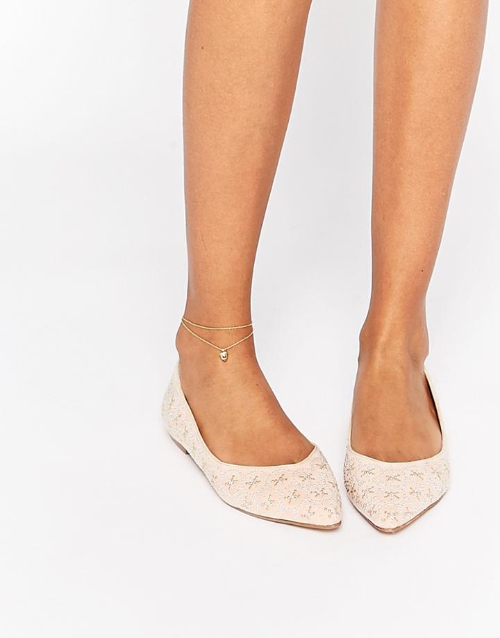 Asos Leyton Embellished Pointed Ballet Flats - Apricot