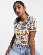 Neon & Nylon Mesh T-shirt In Cream Butterfly Print-multi