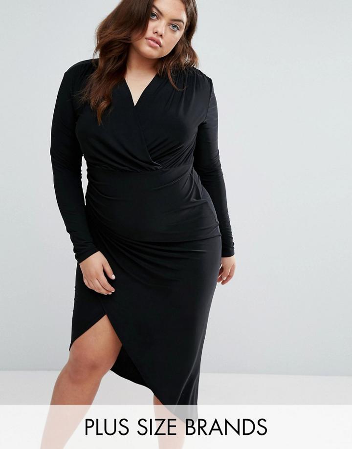 Club L Plus Slinky Dip Hem Wrap Dress With Ruched Detail - Black