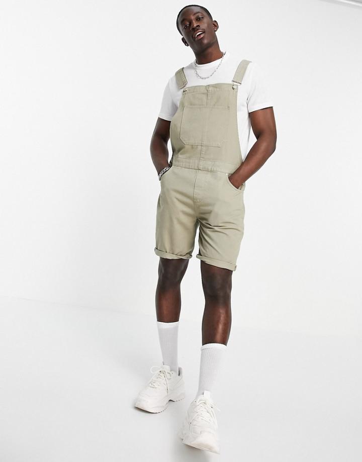 Asos Design Short Denim Overalls In Washed Khaki-green