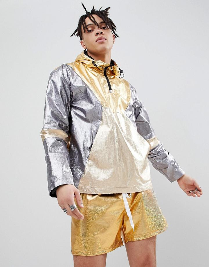 Asos Design Festival Windbreaker In Metallic Color Block - Gold