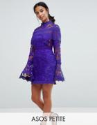Asos Petite Lace Long Sleeve Mini Dress With Fluted Sleeves - Navy