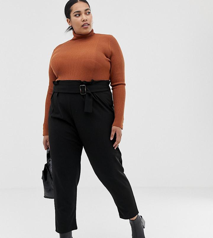 Asos Design Curve Crepe Paperbag Waist Peg Pants With Tortoiseshell Buckle - Black