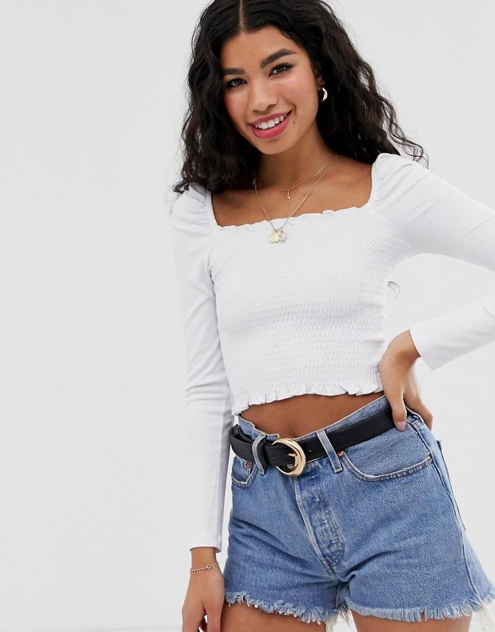 Asos Design Shirred Top With Square Neck And Puff Sleeve-cream