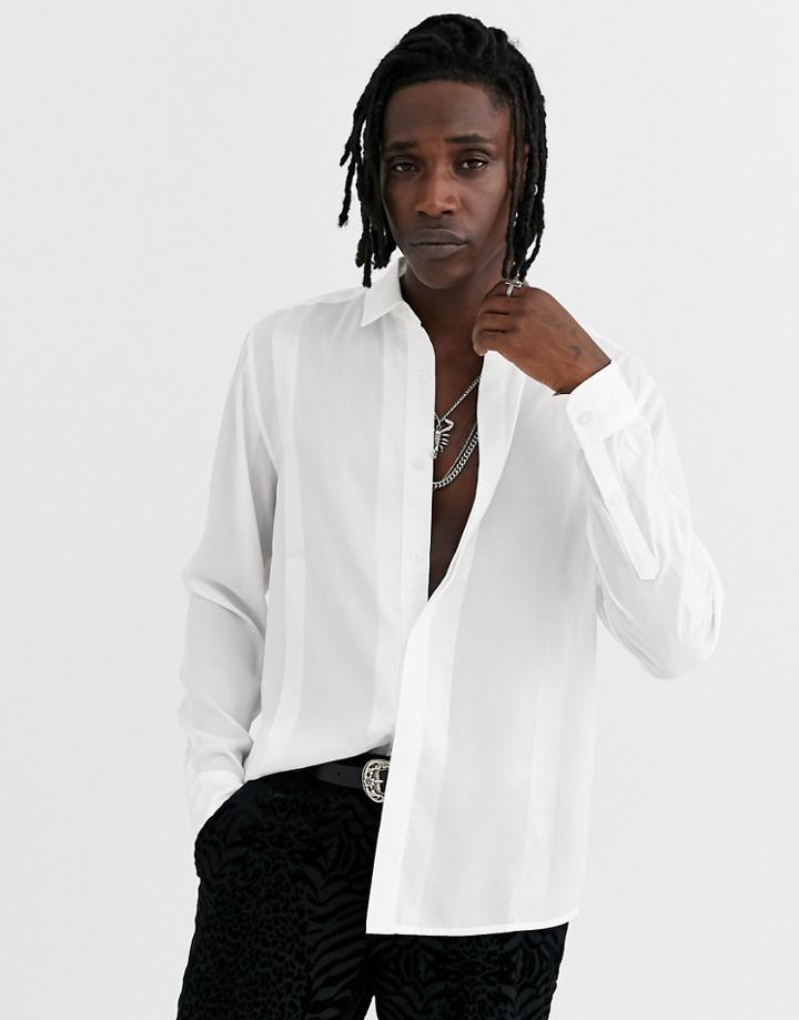 Asos Design Regular Fit Sheer Shirt With Satin Stripe-cream