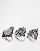 Asos Pack Of 3 Etched Burnished Rings - Silver