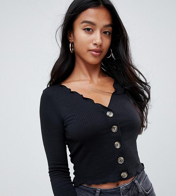 Asos Design Petite V Neck Top In Rib With Button Front And Long Sleeve - Black