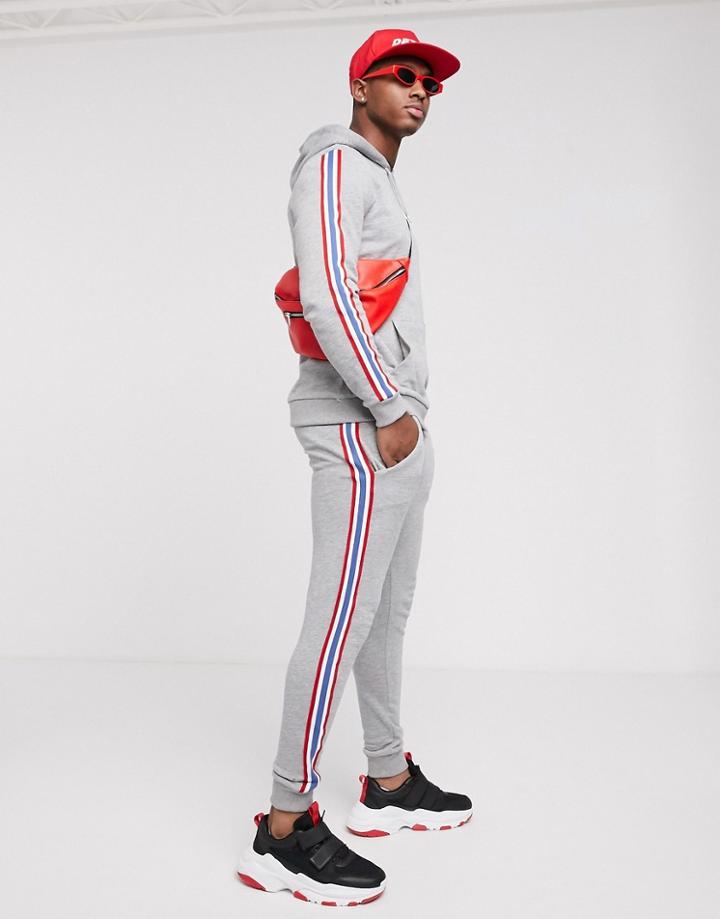 Asos Design Tracksuit Hoodie With Knitted Side Stripe In Gray Marl