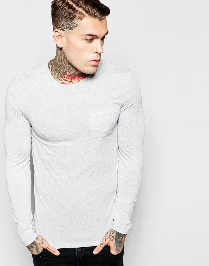 Asos Linen Mix Muscle Long Sleeve T-shirt - Gray