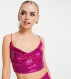 Flounce London Petite Sequin Crop Top With Cowl Neck In Pink - Part Of A Set