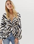 Asos Design Long Sleeve Twist Front Top In Tiger Animal Print - Multi