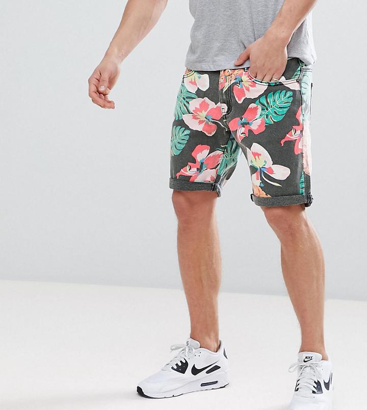 Liquor N Poker Denim Short In Tropical Print - Black