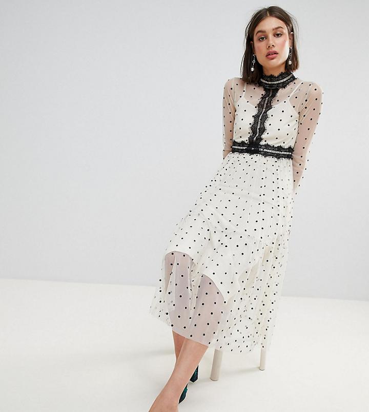 Lace & Beads Polka Dot Midi Dress With Lace Inserts - Cream