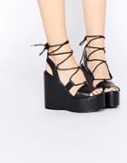 Truffle Collection Calla Tie Up Wedge Platform Sandals - Black Pu